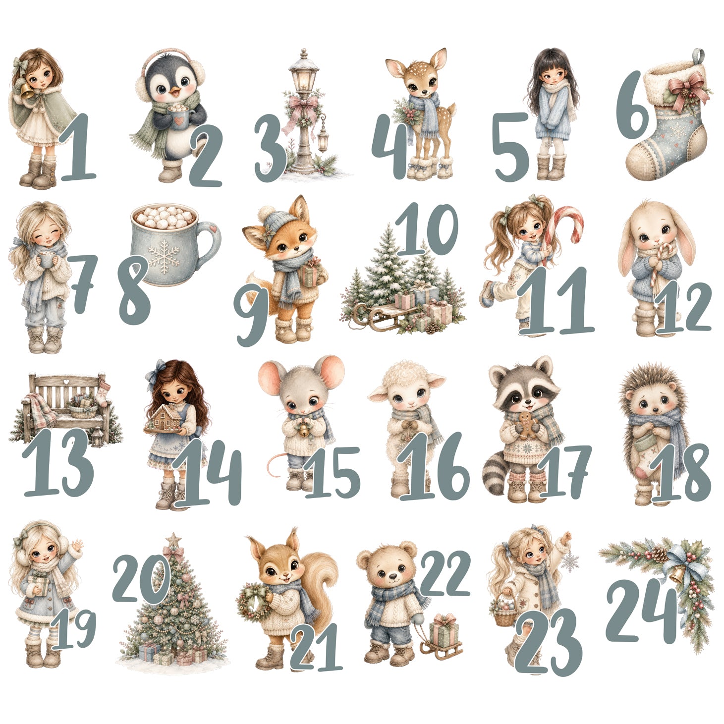 24 Bügelbilder mit Winterkindern, Waldtieren und Adventskalender-Zahlen 1 bis 24