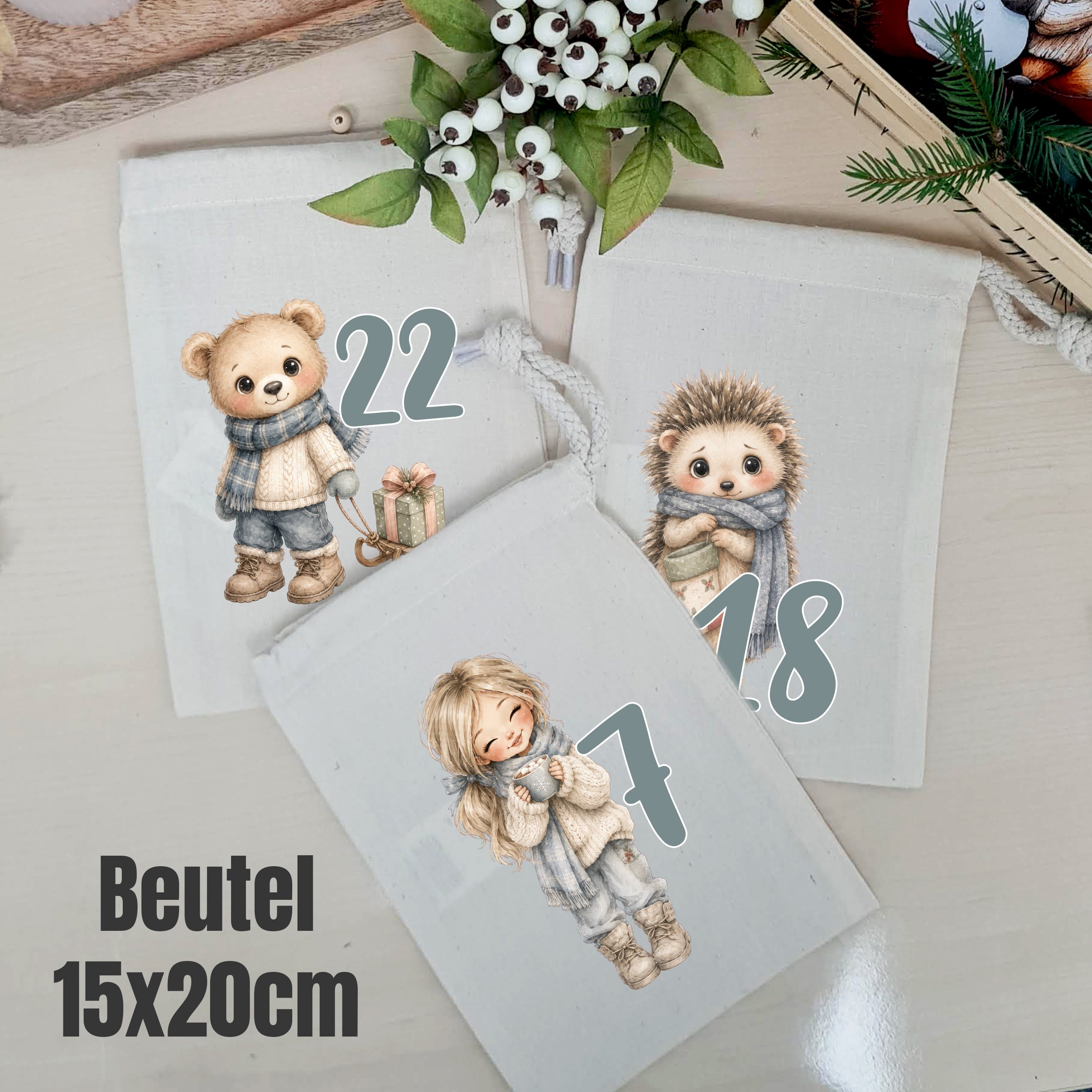 Bedruckte Adventskalender-Beutel 15 × 20 cm mit Bär, Igel und Wintermädchen
