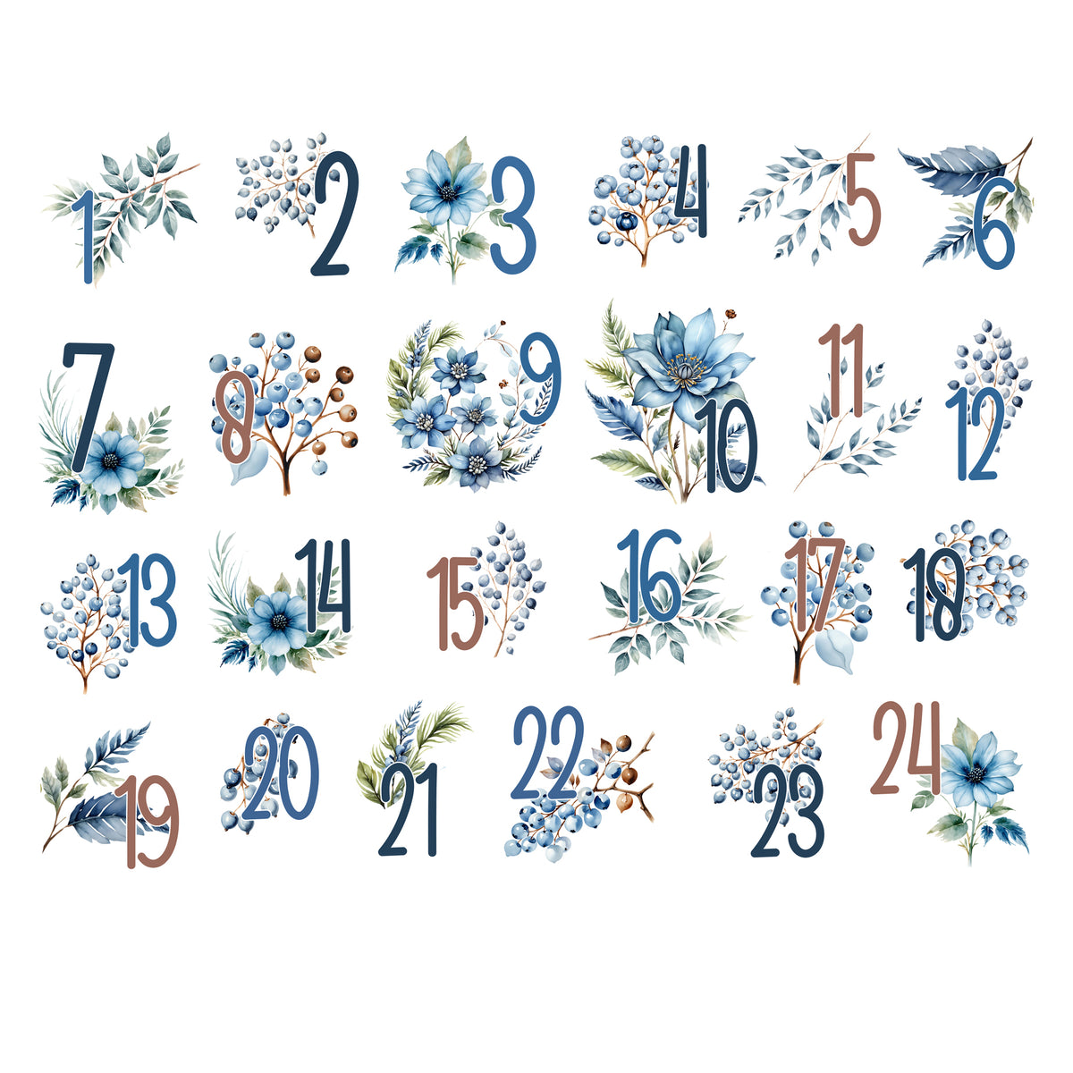 24 Adventskalender-Bügelbilder mit blauen Blumen, Beeren, Blättern und Zahlen 1 bis 24