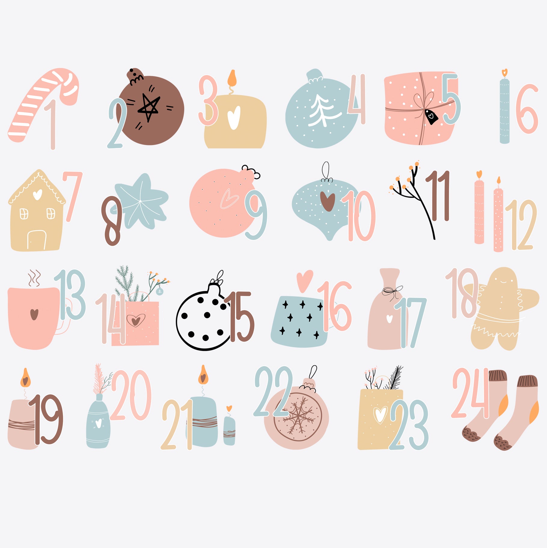 24 Adventskalender-Bügelbilder mit pastellfarbenen Weihnachtsmotiven und Zahlen 1 bis 24