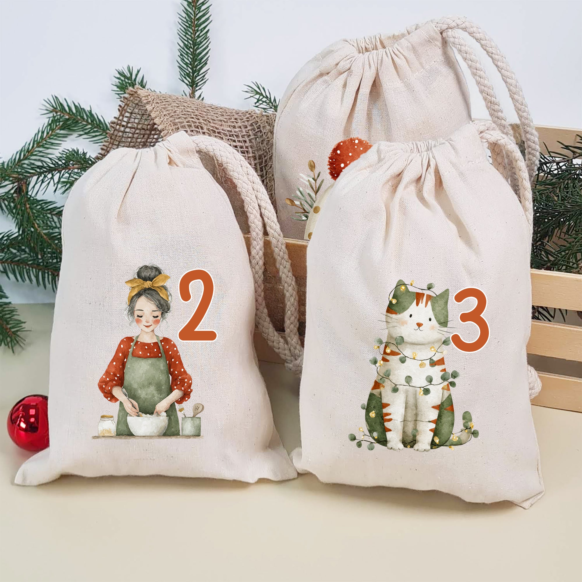 Adventskalender mit naturfarbenen Stoffbeuteln und winterlichen Familienmotiven