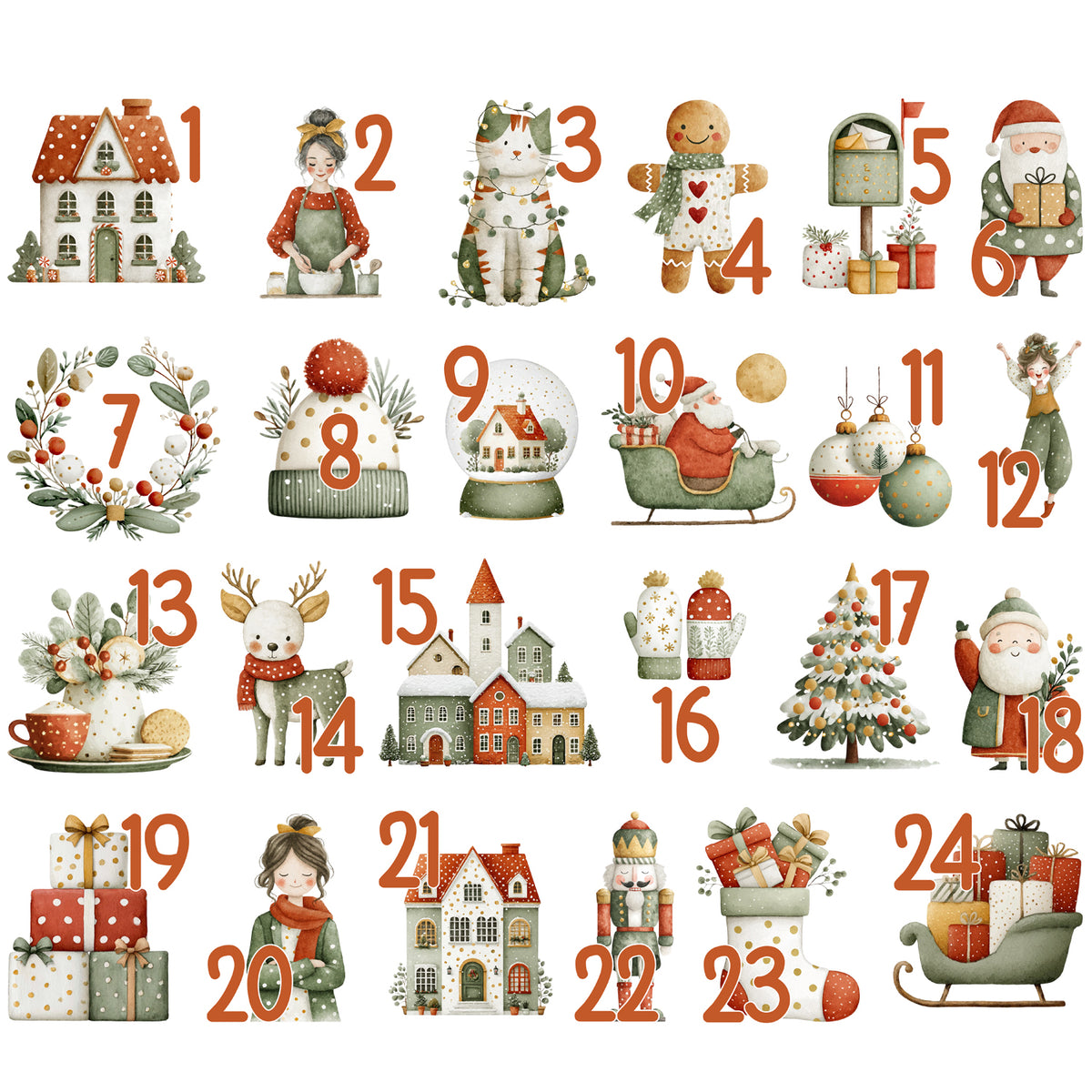 24 Adventskalender-Bügelbilder mit winterlichen Familienmotiven und Zahlen 1 bis 24