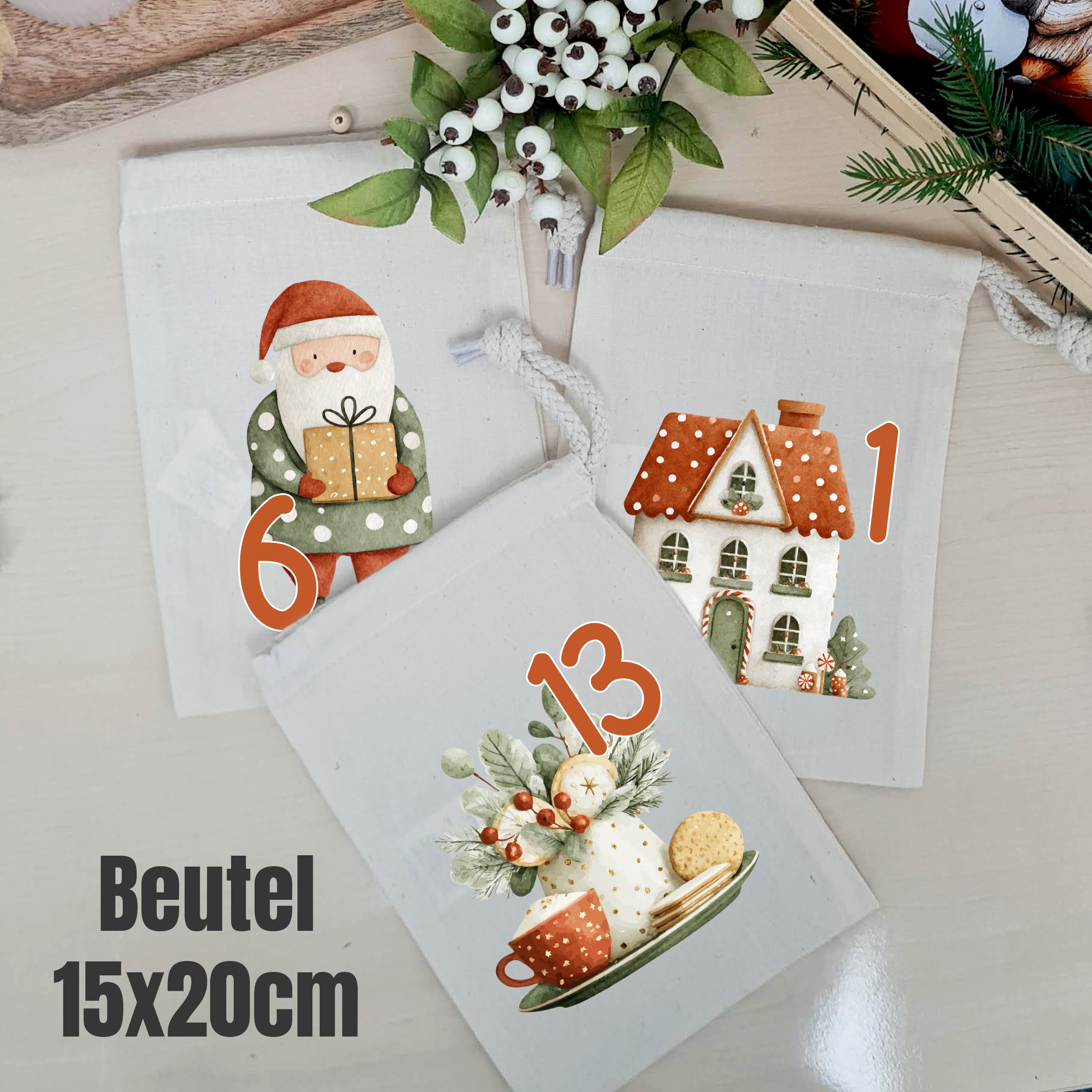 Naturfarbene Adventskalender-Beutel 15 × 20 cm mit winterlichen Familienmotiven