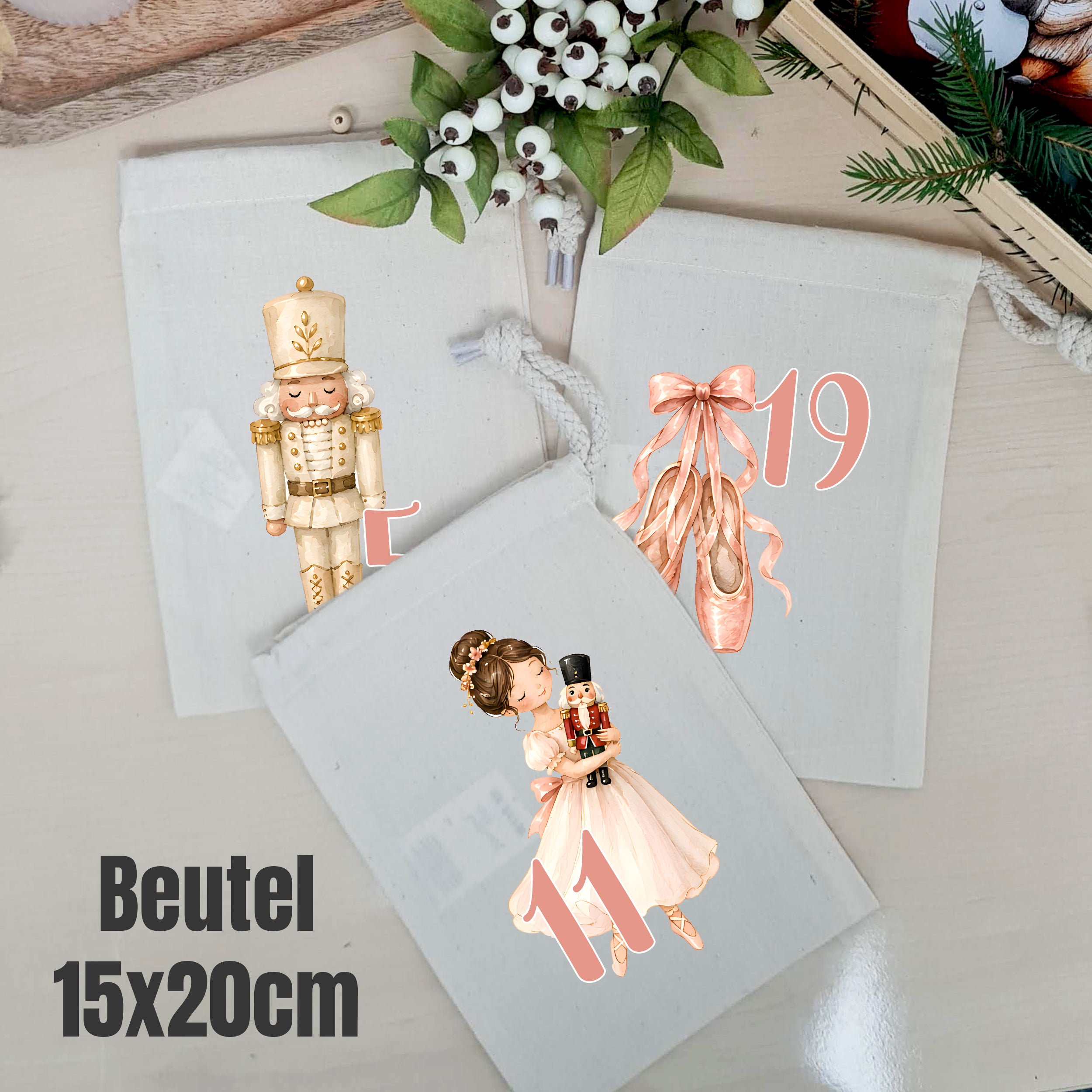 Naturfarbene Adventskalender-Beutel 15 × 20 cm mit Nussknacker- und Ballettmotiven