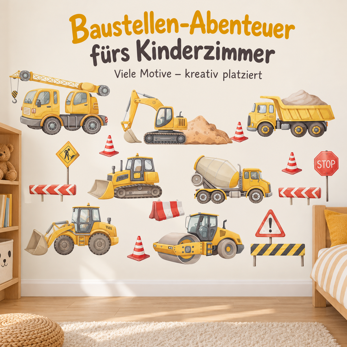 Baustellen-Wandtattoo – Beispielansicht mit Maßangaben
