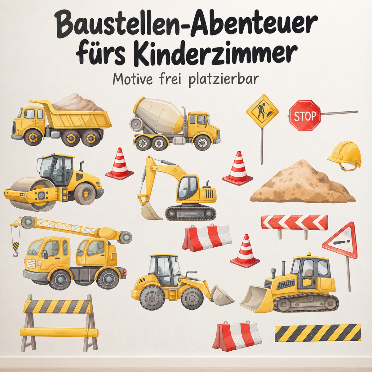 Baustellen-Wandtattoo – Motivübersicht mit Fahrzeugen und Verkehrszeichen