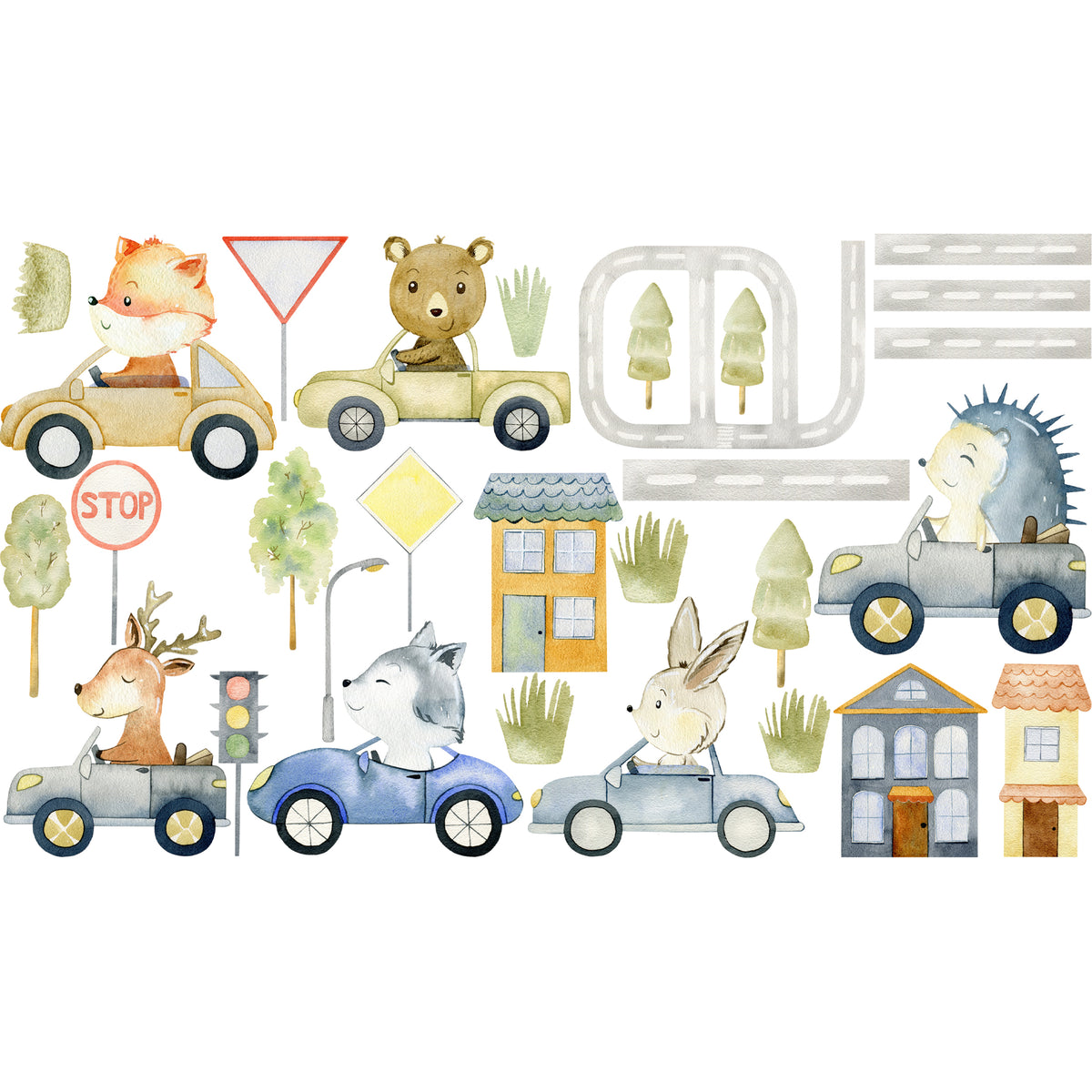 Wandtattoo Straße mit Autos und Waldtieren – Gesamtmotiv