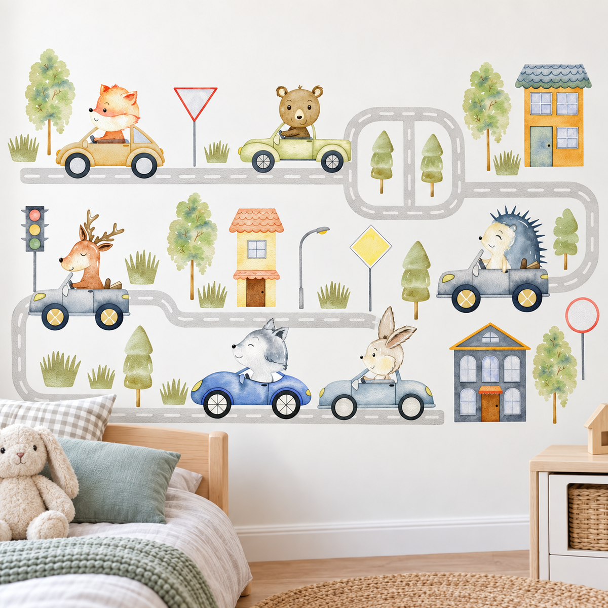 Wandtattoo Straße mit Waldtieren im Kinderzimmer