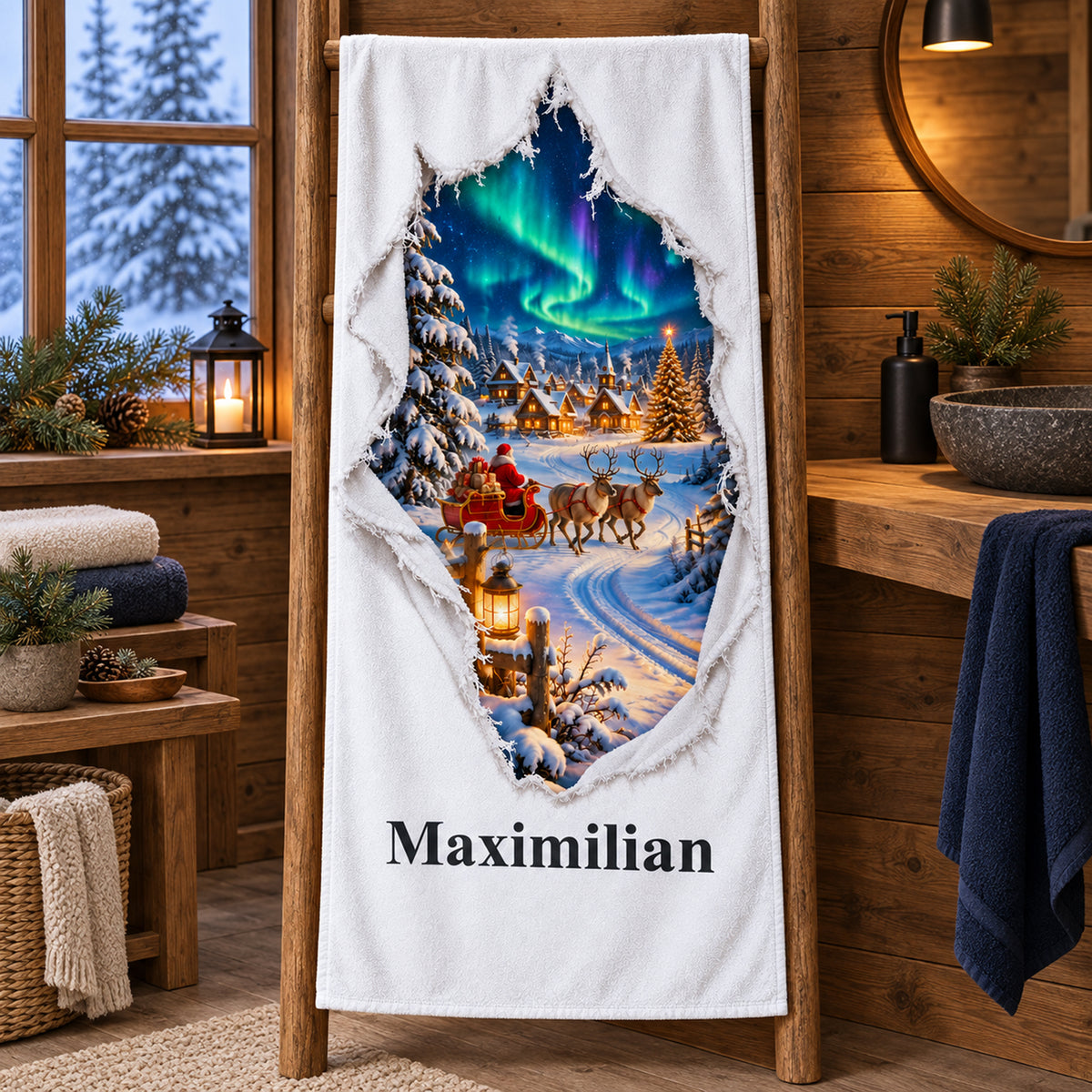 Weißes personalisiertes Handtuch mit Nordpolportal-Motiv im gedruckten Stoffriss-Design in einer thematisch passenden weihnachtlichen Badezimmerumgebung.