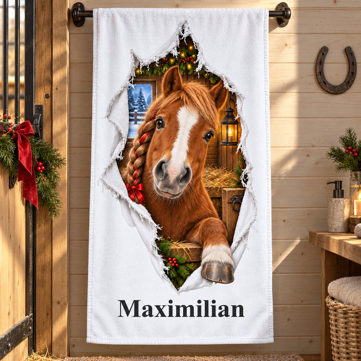 Weißes personalisiertes Handtuch mit Weihnachtspony-Motiv im gedruckten Stoffriss-Design in einer thematisch passenden weihnachtlichen Badezimmerumgebung.
