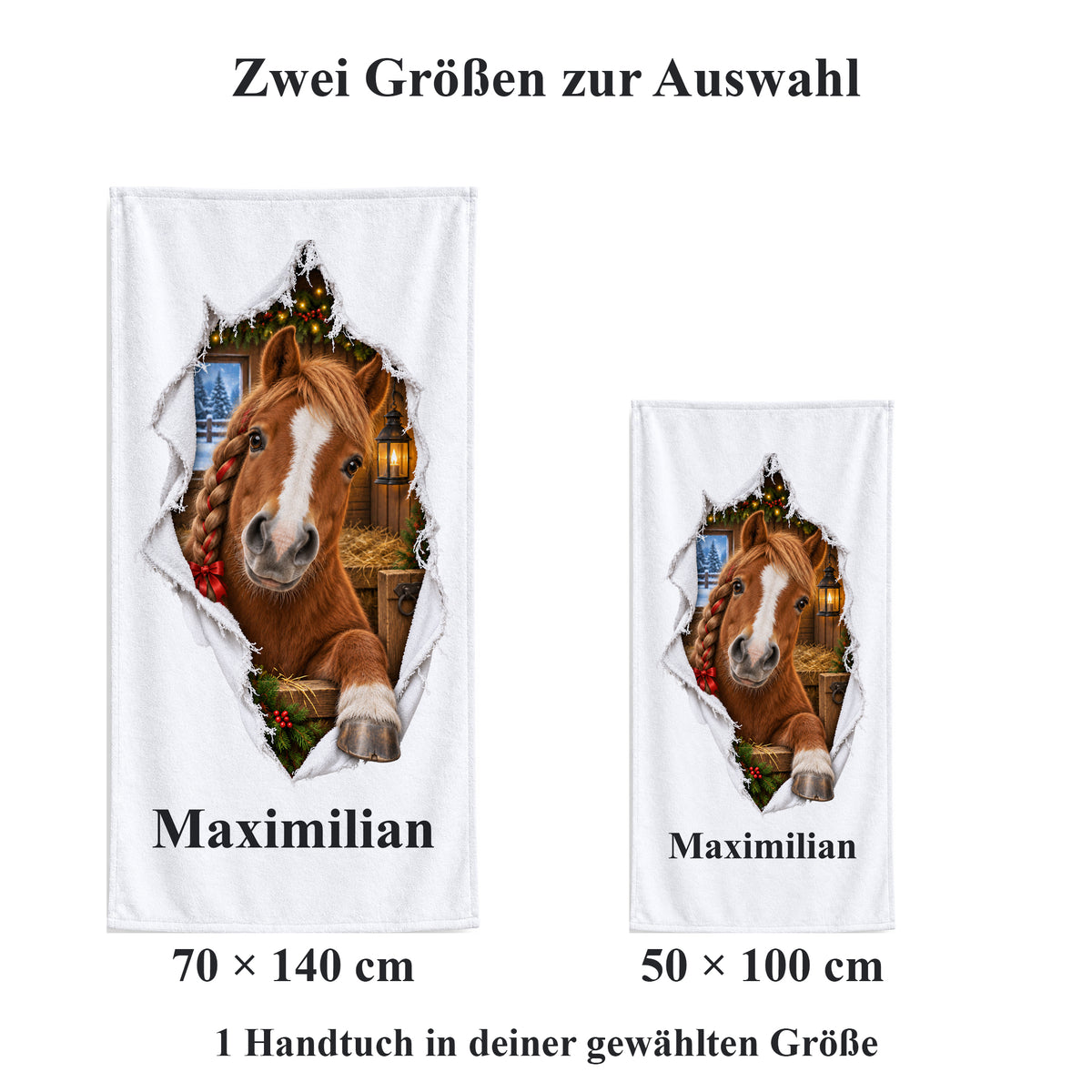 Weißes personalisiertes Handtuch mit Weihnachtspony-Motiv im gedruckten Stoffriss-Design im maßstäblichen Vergleich der zwei wählbaren Größen.