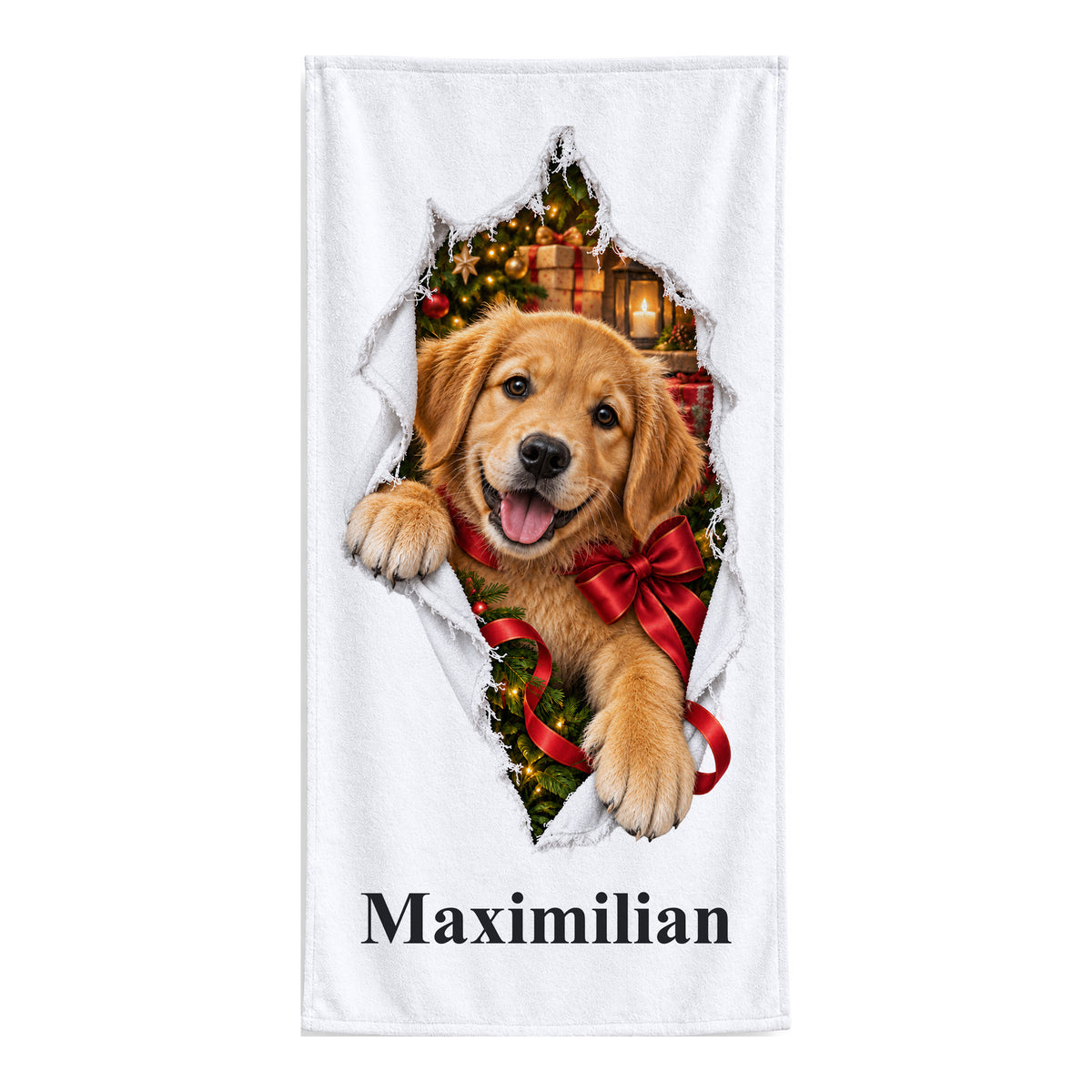 Weißes personalisiertes Handtuch mit Weihnachtswelpe-Motiv im gedruckten Stoffriss-Design freigestellt vor weißem Hintergrund.