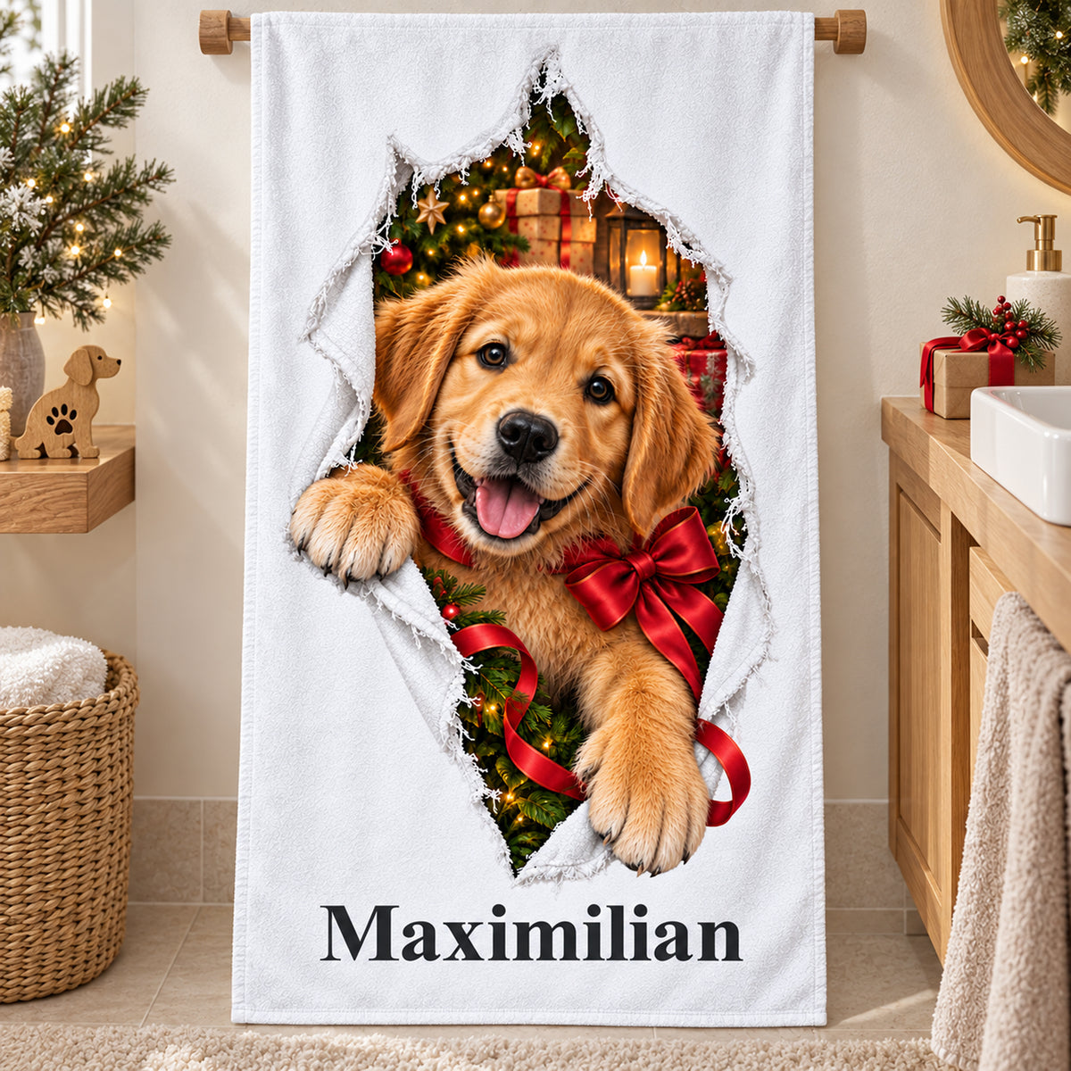 Weißes personalisiertes Handtuch mit Weihnachtswelpe-Motiv im gedruckten Stoffriss-Design in einer thematisch passenden weihnachtlichen Badezimmerumgebung.