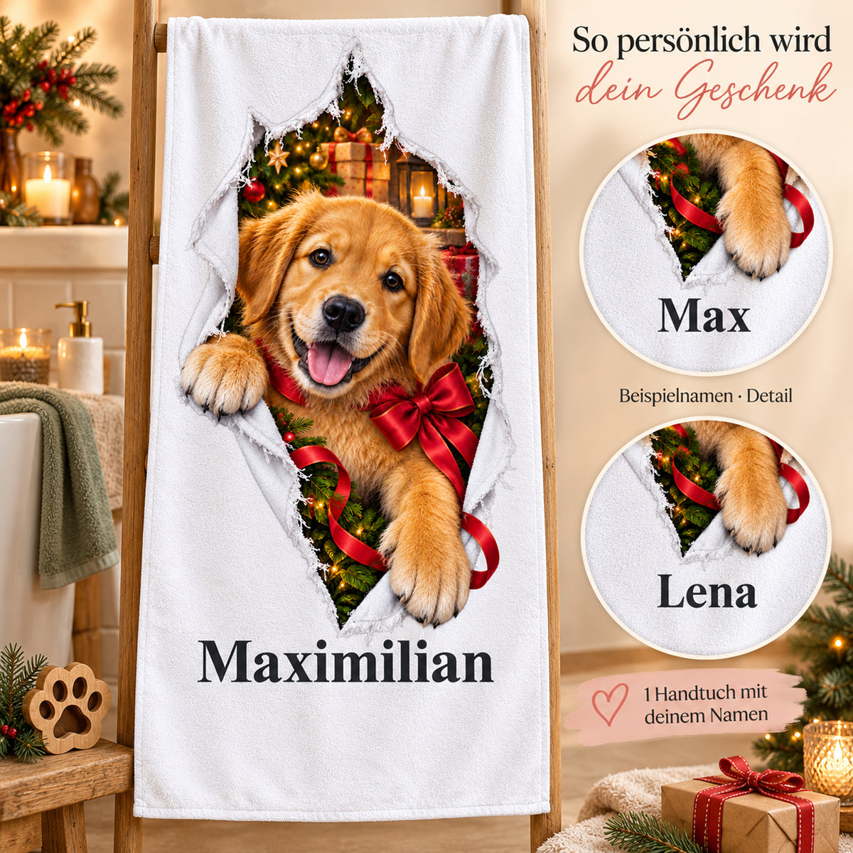 Weißes personalisiertes Handtuch mit Weihnachtswelpe-Motiv im Stoffriss-Design und beschrifteten Namensbeispielen als Detailansichten.