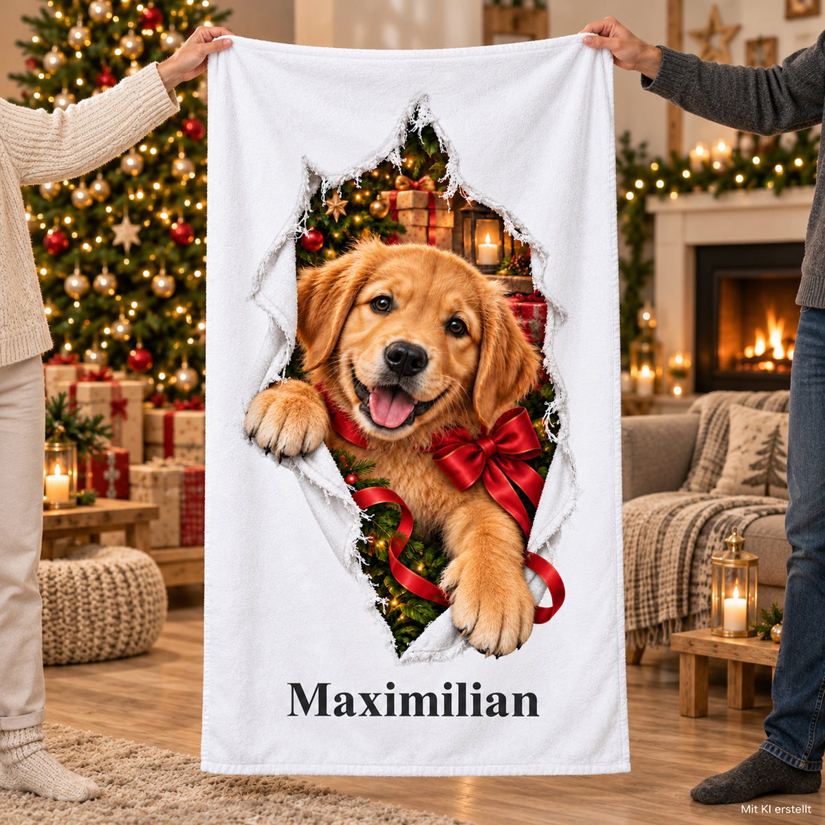 Weißes personalisiertes Handtuch mit Weihnachtswelpe-Motiv im gedruckten Stoffriss-Design in einer Nutzungsszene mit erwachsenen Händen.