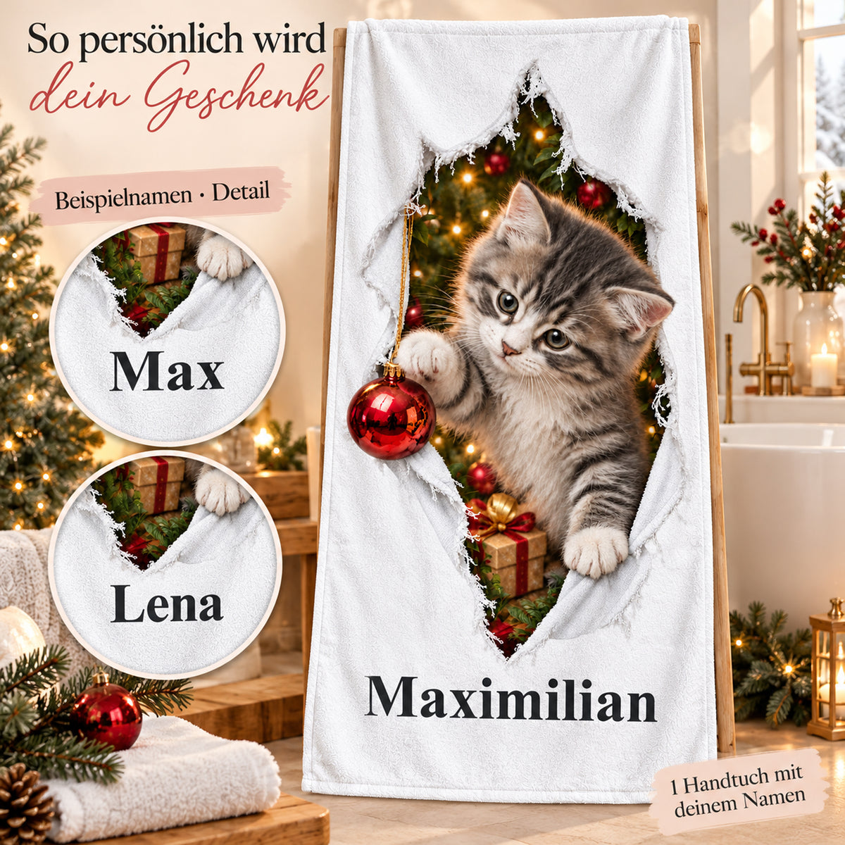 Weißes personalisiertes Handtuch mit Weihnachtskätzchen-Motiv im Stoffriss-Design und beschrifteten Namensbeispielen als Detailansichten.
