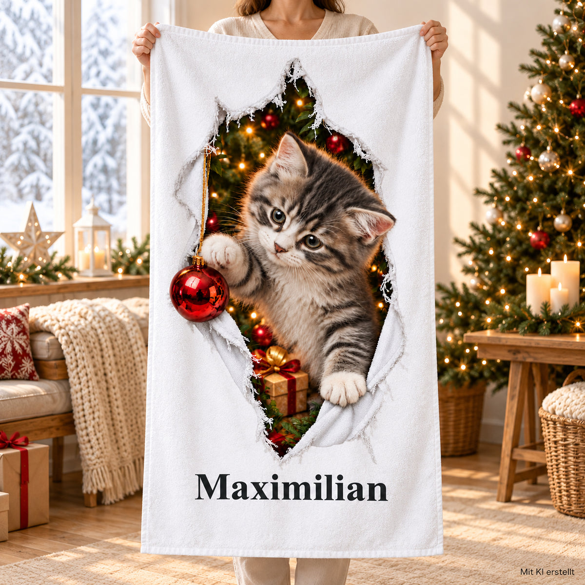Weißes personalisiertes Handtuch mit Weihnachtskätzchen-Motiv im gedruckten Stoffriss-Design in einer Nutzungsszene mit erwachsenen Händen.