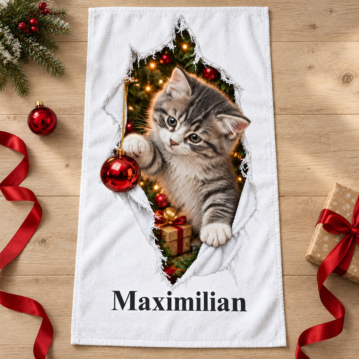 Weißes personalisiertes Handtuch mit Weihnachtskätzchen-Motiv im gedruckten Stoffriss-Design in einer weihnachtlichen Geschenkszene.