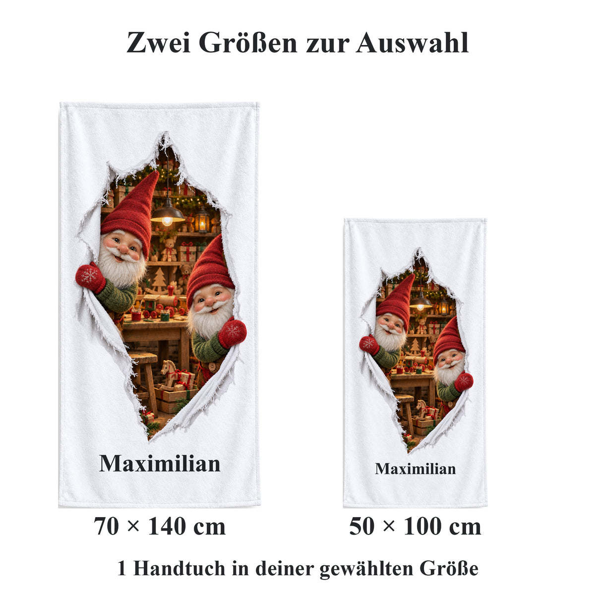 Weißes personalisiertes Handtuch mit Wichtelwerkstatt-Motiv im gedruckten Stoffriss-Design im maßstäblichen Vergleich der zwei wählbaren Größen.