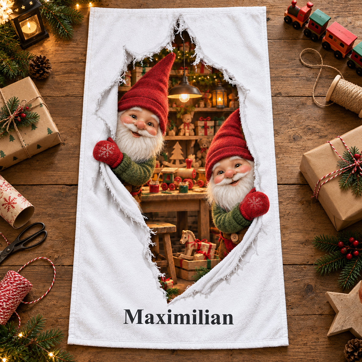 Weißes personalisiertes Handtuch mit Wichtelwerkstatt-Motiv im gedruckten Stoffriss-Design in einer weihnachtlichen Geschenkszene.