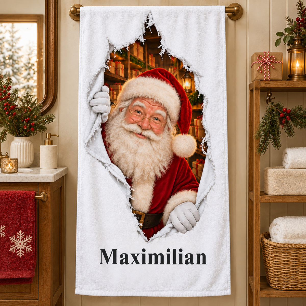 Weißes personalisiertes Handtuch mit Weihnachtsmann-Motiv im gedruckten Stoffriss-Design in einer thematisch passenden weihnachtlichen Badezimmerumgebung.