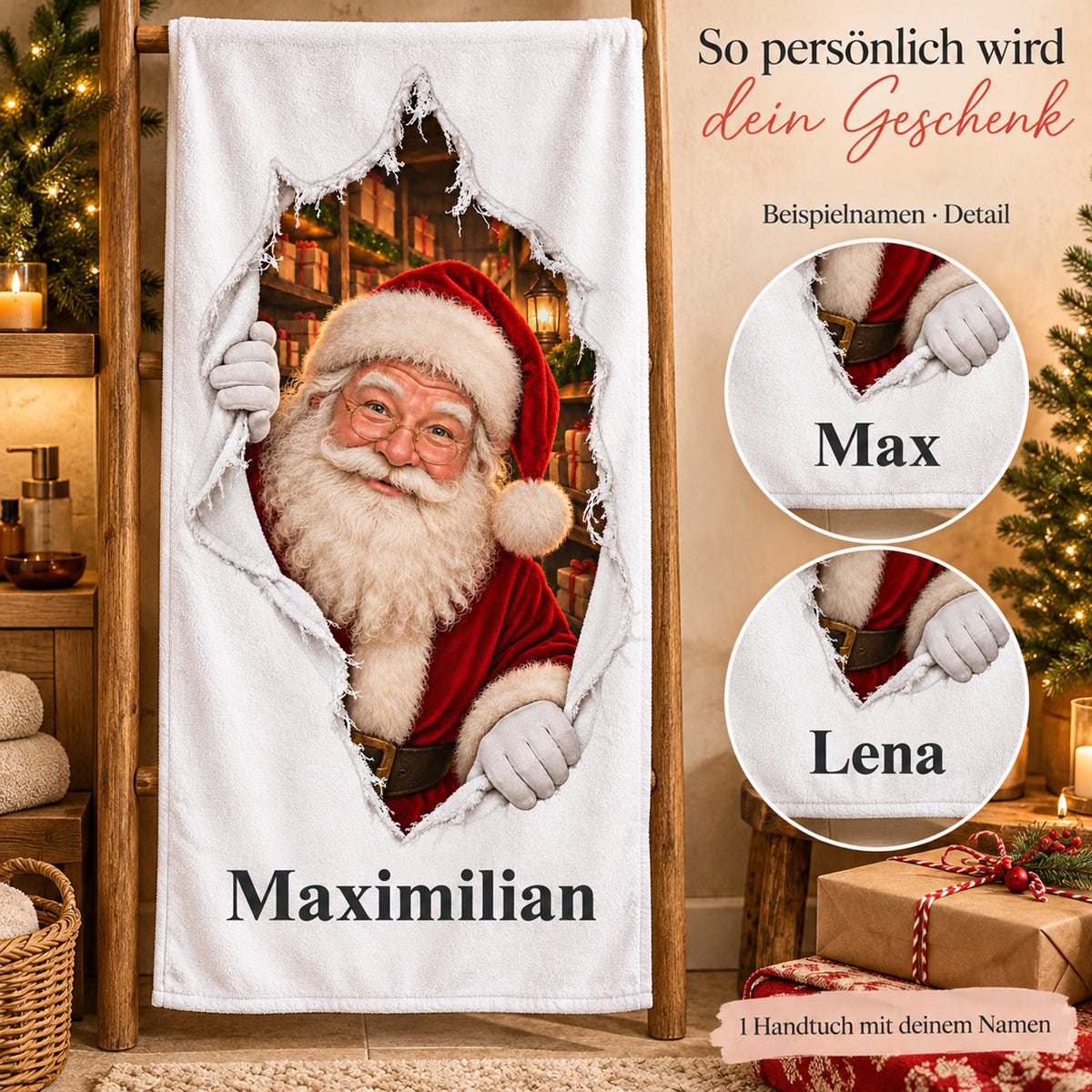 Weißes personalisiertes Handtuch mit Weihnachtsmann-Motiv im Stoffriss-Design und beschrifteten Namensbeispielen als Detailansichten.