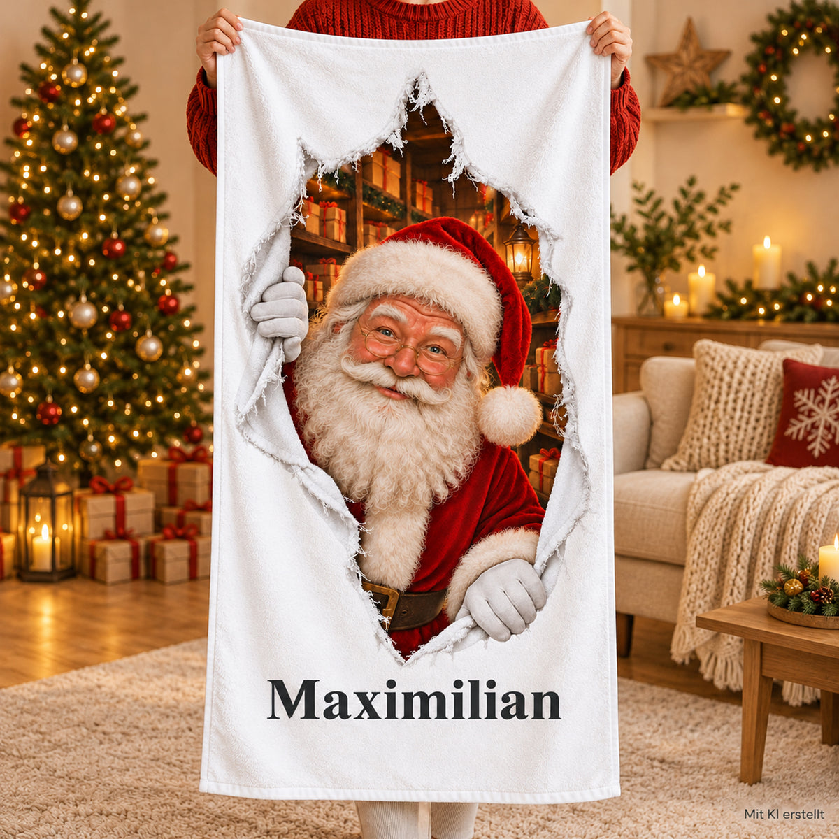 Weißes personalisiertes Handtuch mit Weihnachtsmann-Motiv im gedruckten Stoffriss-Design in einer Nutzungsszene mit erwachsenen Händen.