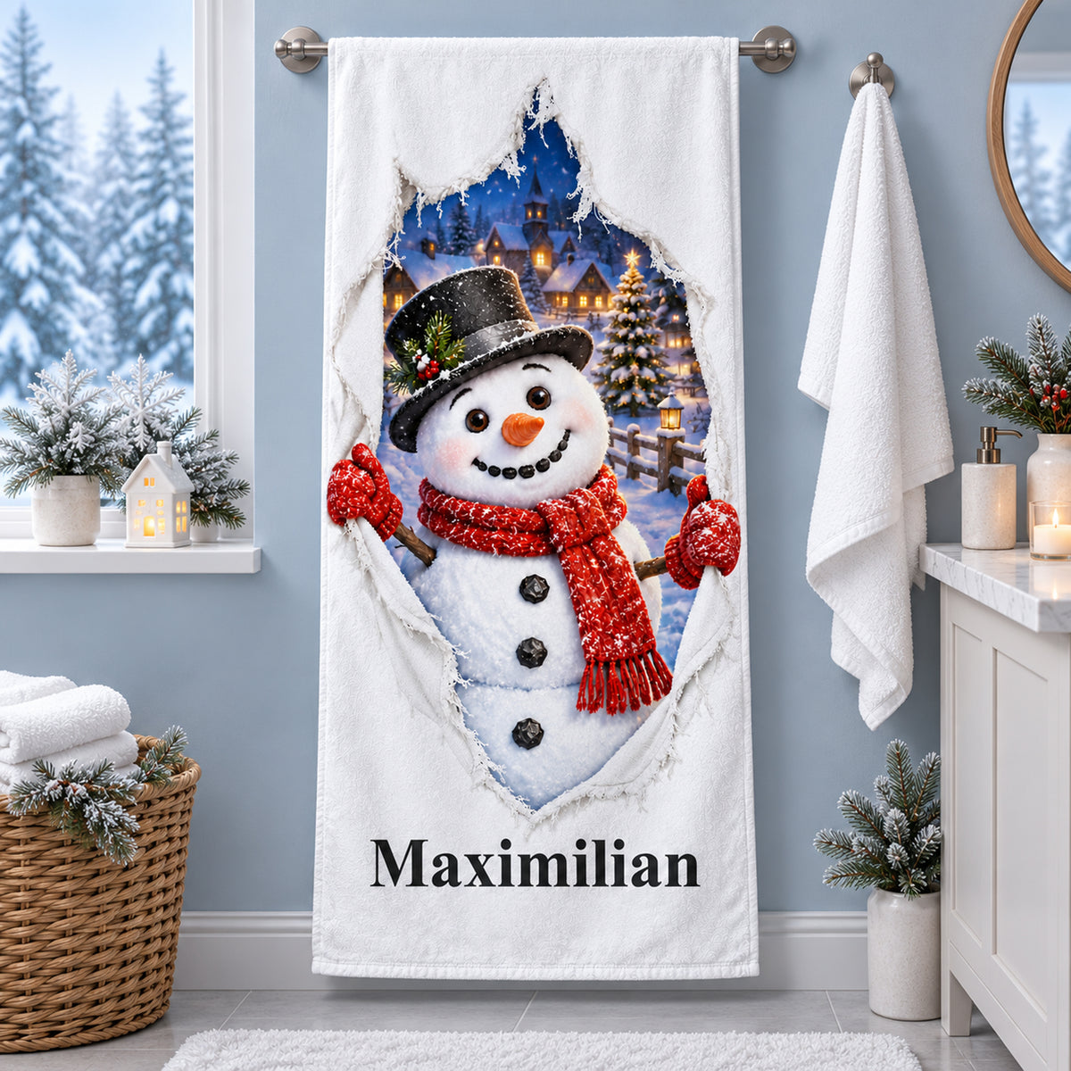 Weißes personalisiertes Handtuch mit Schneemann-Motiv im gedruckten Stoffriss-Design in einer thematisch passenden weihnachtlichen Badezimmerumgebung.