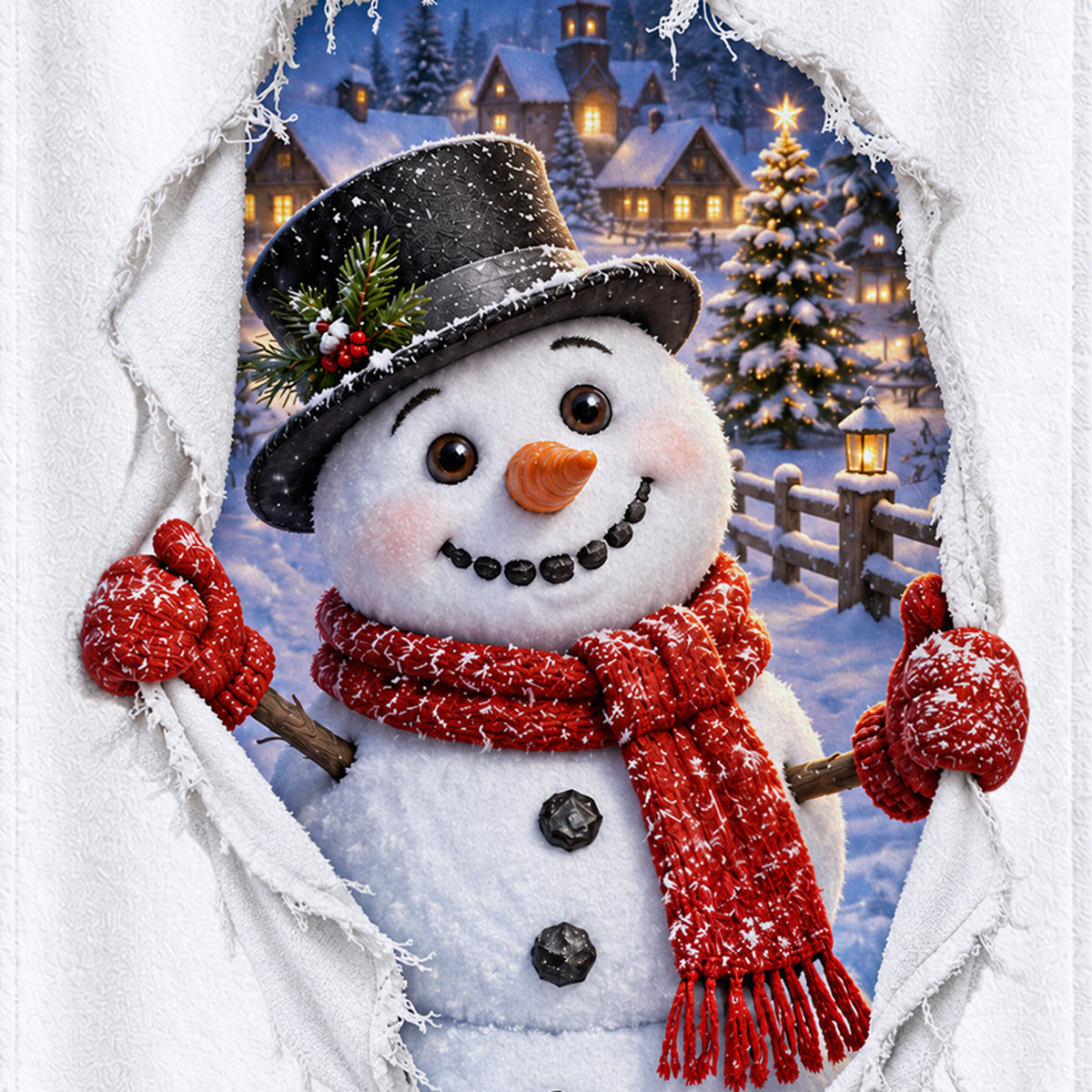 Weißes personalisiertes Handtuch mit Schneemann-Motiv im gedruckten Stoffriss-Design als Nahaufnahme des gedruckten Motivs auf weißem Stoff.
