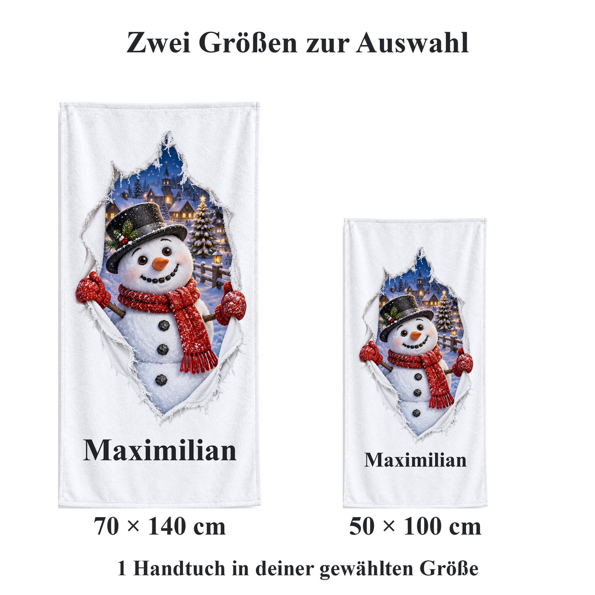 Weißes personalisiertes Handtuch mit Schneemann-Motiv im gedruckten Stoffriss-Design im maßstäblichen Vergleich der zwei wählbaren Größen.