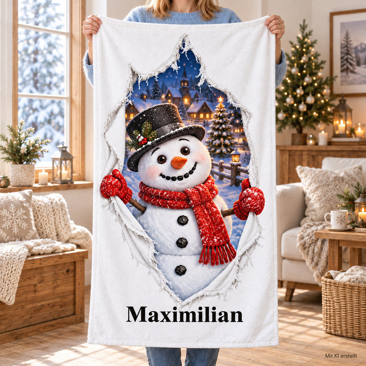 Weißes personalisiertes Handtuch mit Schneemann-Motiv im gedruckten Stoffriss-Design in einer Nutzungsszene mit erwachsenen Händen.