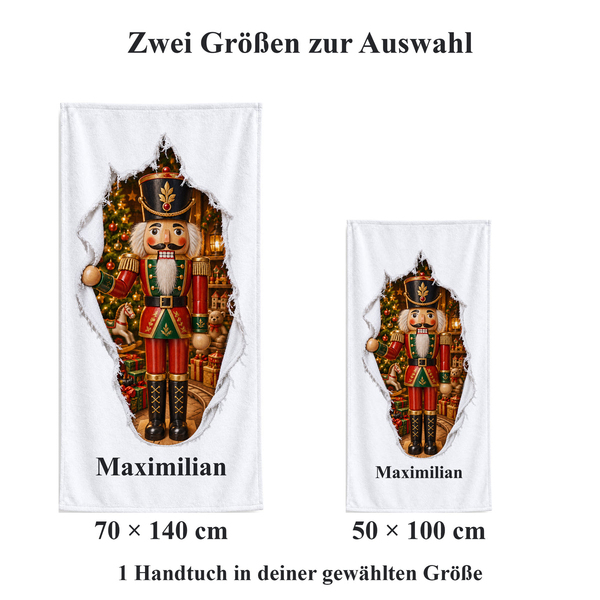 Weißes personalisiertes Handtuch mit Nussknacker-Spielzeugwelt-Motiv im gedruckten Stoffriss-Design im maßstäblichen Vergleich der zwei wählbaren Größen.