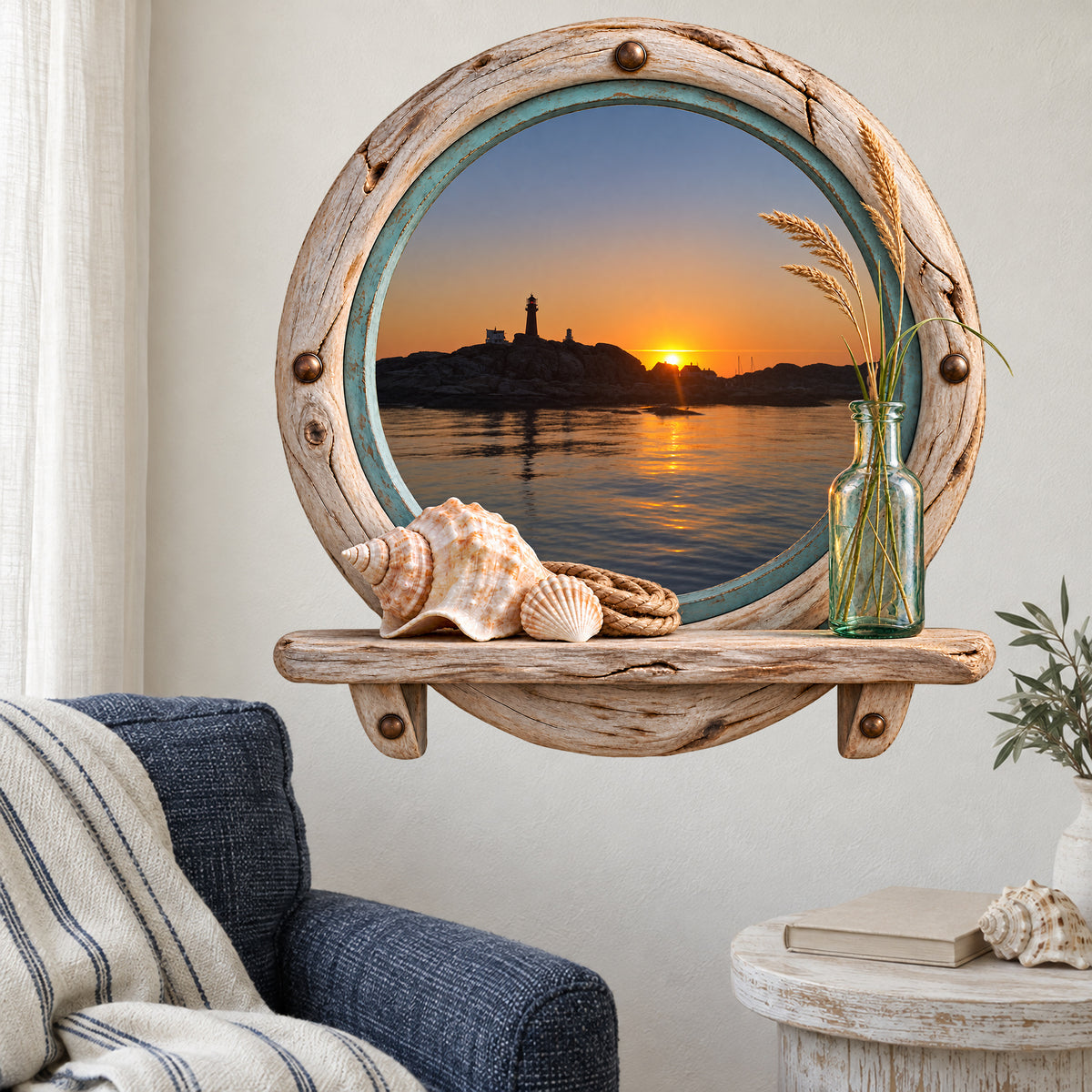 Bullaugen-Wandtattoo in einer hellen maritimen Leseecke mit Sessel und Küstendekoration.