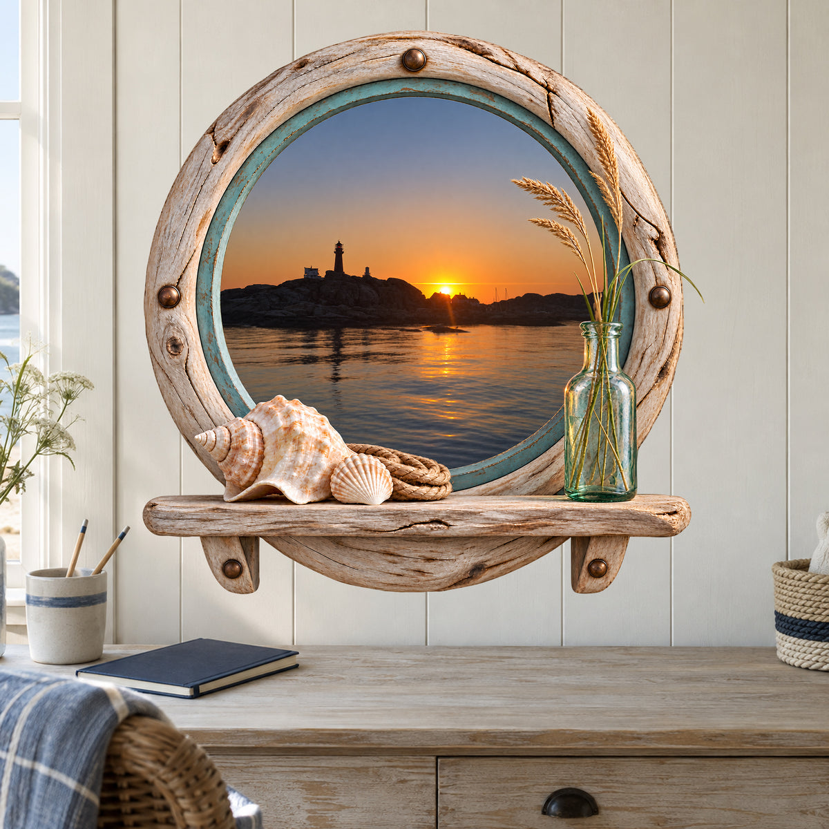 Bullaugen-Wandtattoo über einem hellen Holzschreibtisch in einem maritimen Arbeitsbereich.