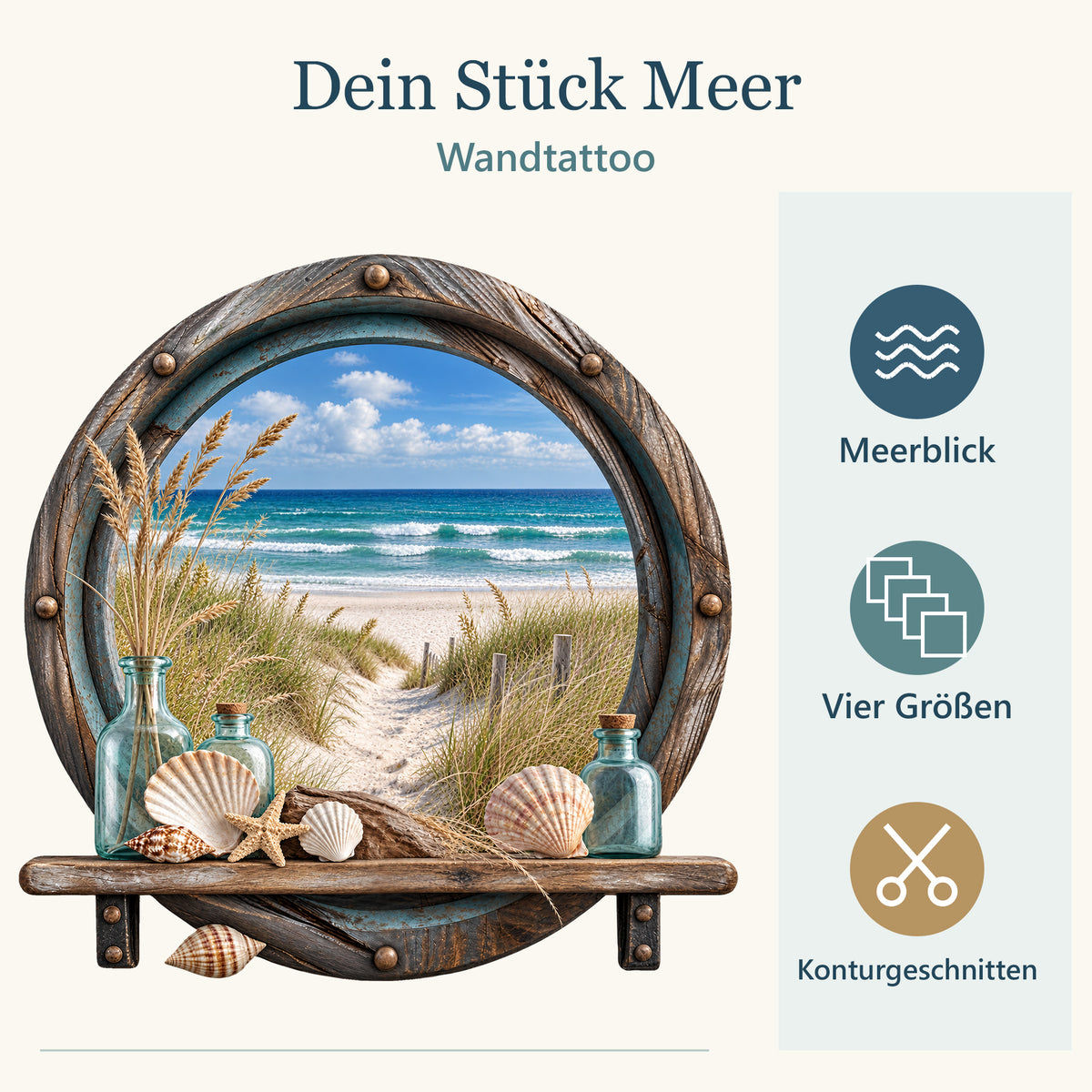 Bullaugen-Wandtattoo mit den Eigenschaften Meerblick, vier Größen und konturgeschnitten in Blau- und Sandtönen.
