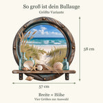 Größenübersicht des Bullaugen-Wandtattoos Dünenstrand: 30 × 31 cm / 40 × 41 cm / 50 × 51 cm / 57 × 58 cm, jeweils Breite × Höhe.