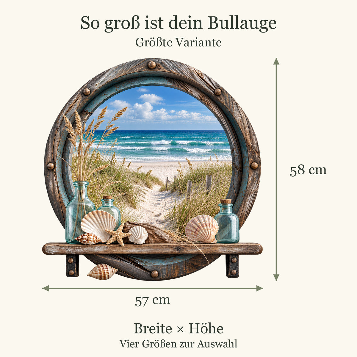 Größenübersicht des Bullaugen-Wandtattoos Dünenstrand: 30 × 31 cm / 40 × 41 cm / 50 × 51 cm / 57 × 58 cm, jeweils Breite × Höhe.
