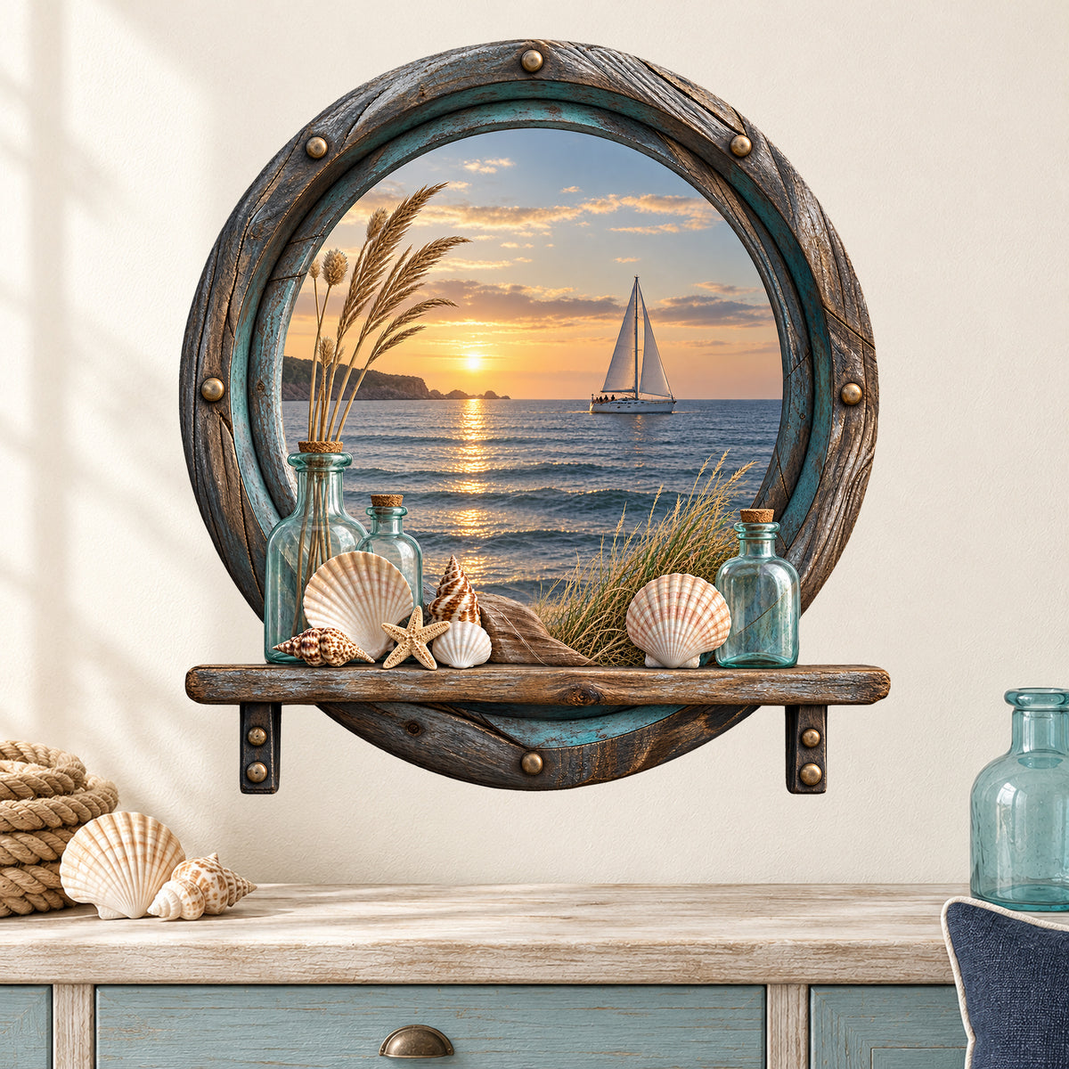 Bullaugen-Wandtattoo an einer hellen Wand über maritimen Holzmöbeln, mit Leinen und Küstendekoration.