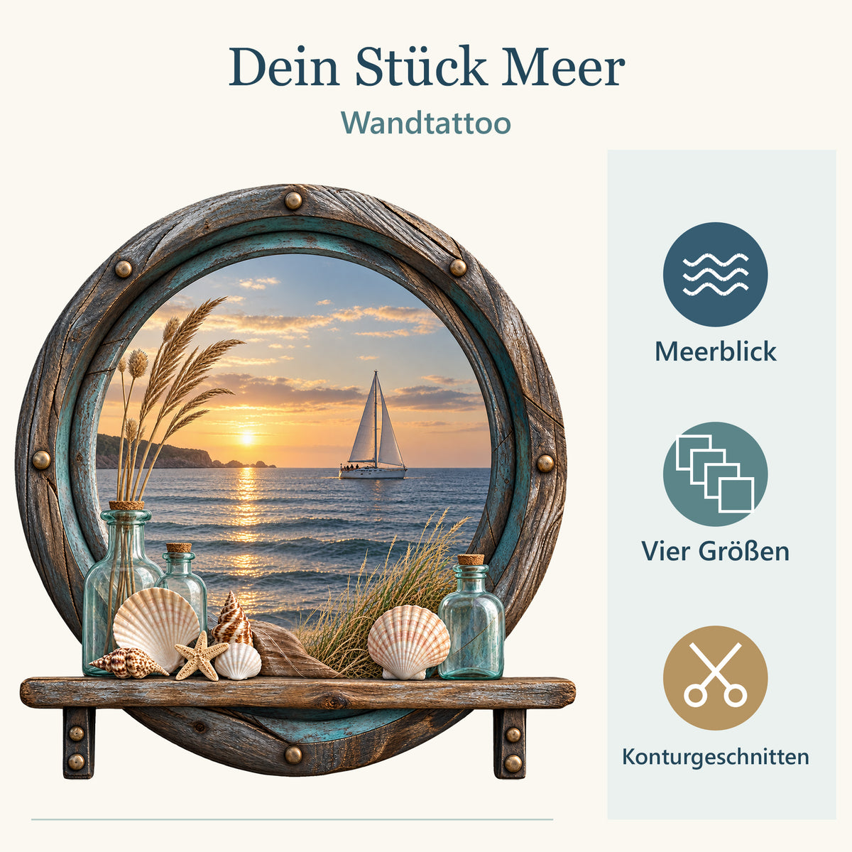 Bullaugen-Wandtattoo mit den Eigenschaften Meerblick, vier Größen und konturgeschnitten in Blau- und Sandtönen.