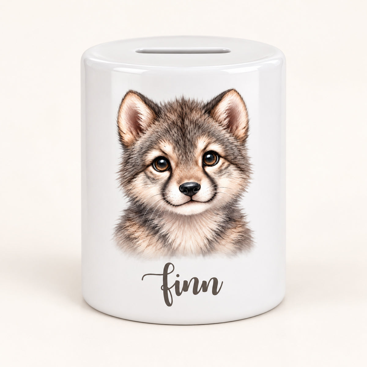 Spardose Wolf mit Beispielname Finn: Vorderseite