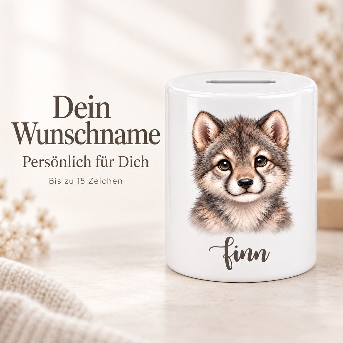 Spardose Wolf mit Beispielname Finn: Personalisierung