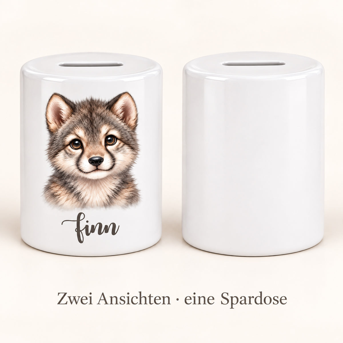 Spardose Wolf mit Beispielname Finn: Zwei Ansichten