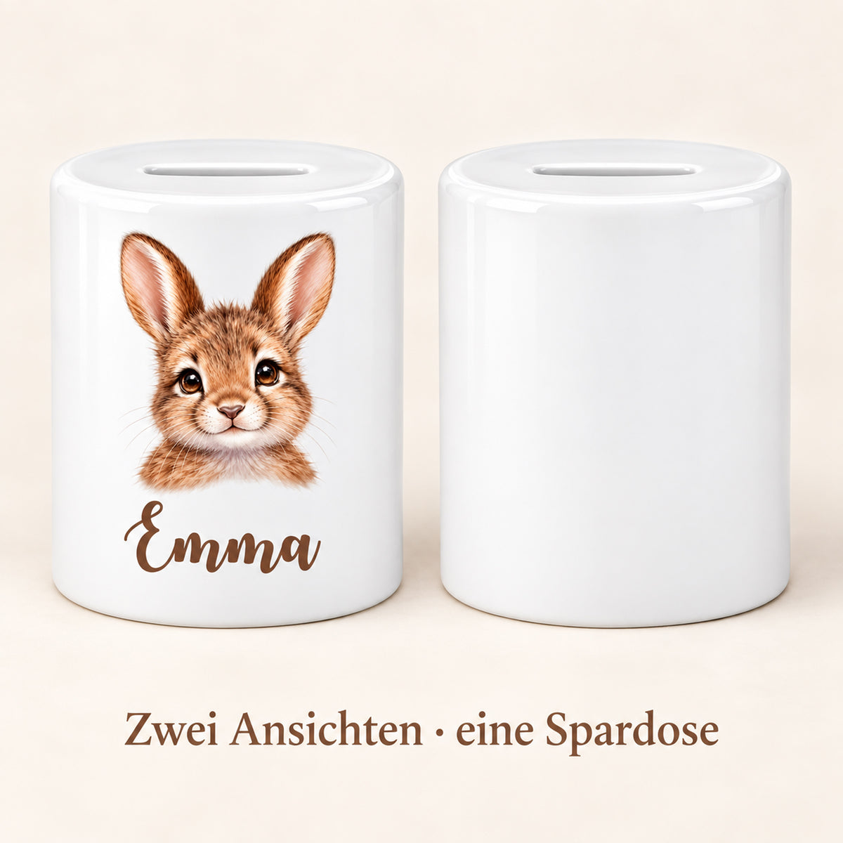 Spardose Hase mit Beispielname Emma: Zwei Ansichten