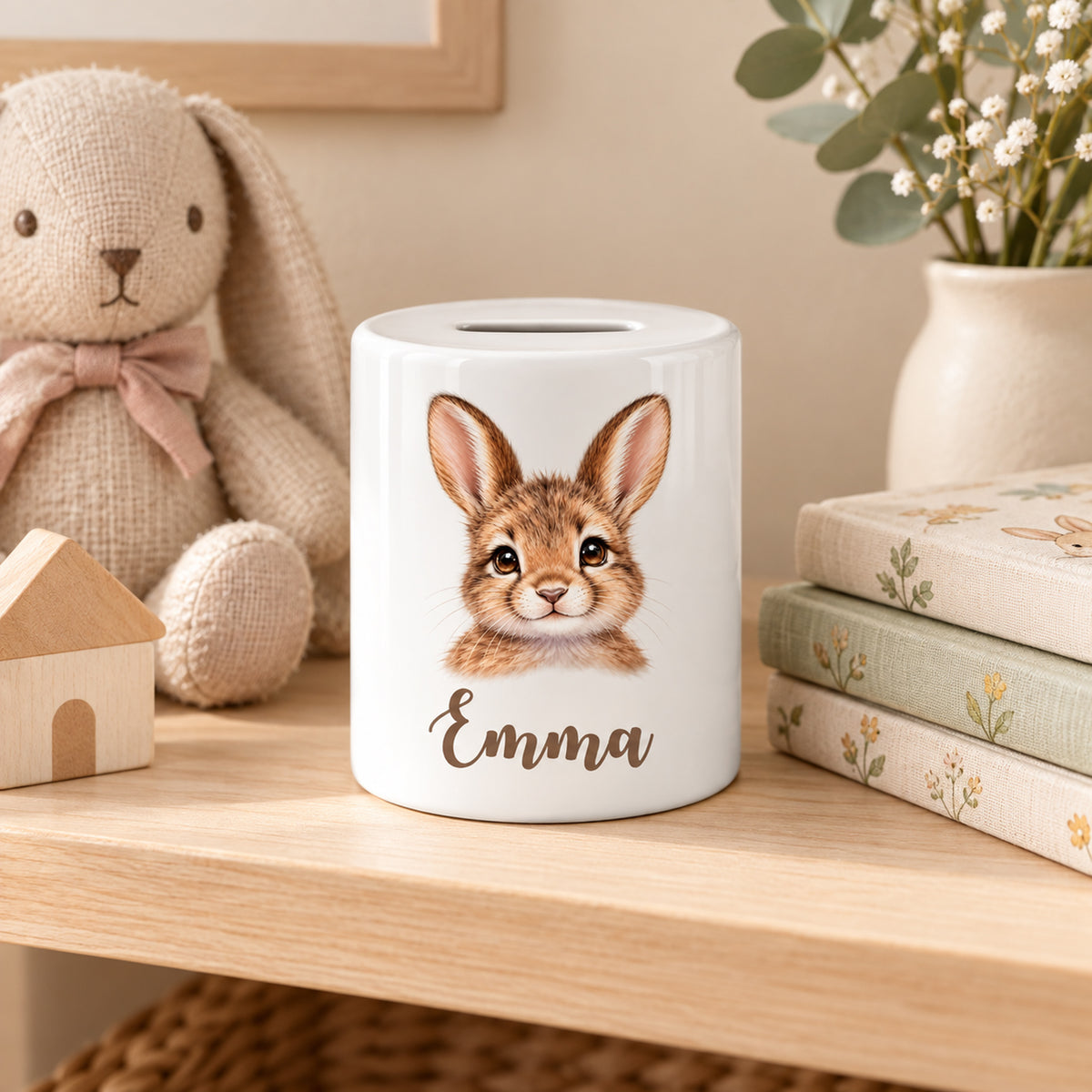 Spardose Hase mit Beispielname Emma: Im Kinderzimmer