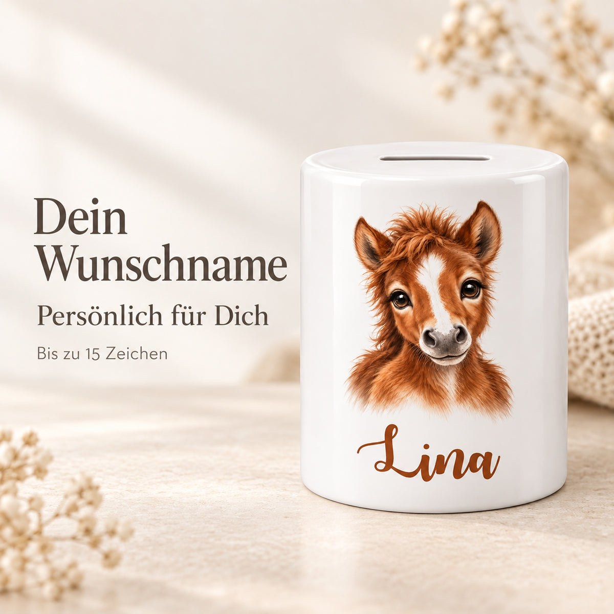 Spardose Pferd mit Beispielname Lina: Personalisierung