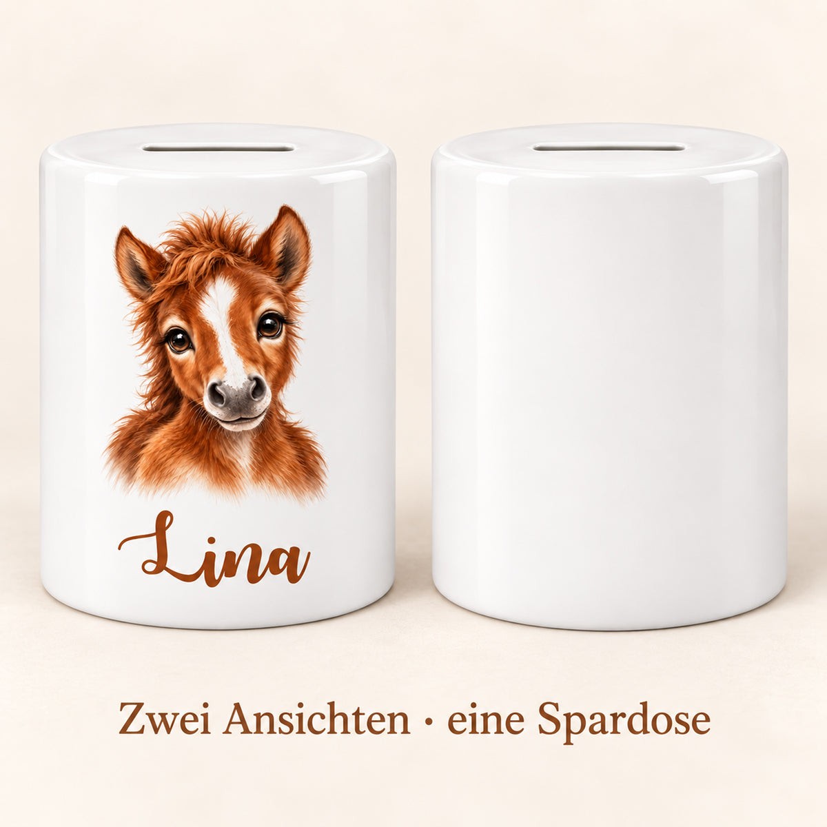 Spardose Pferd mit Beispielname Lina: Zwei Ansichten