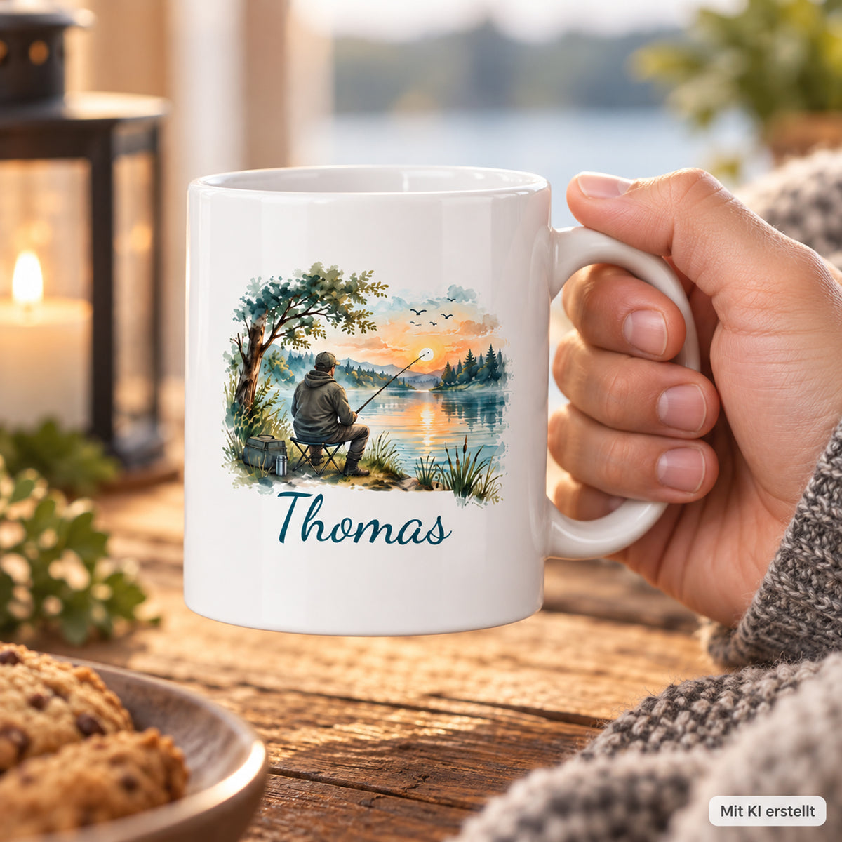 Angler-Tasse mit Namen – Mein Lieblingsplatz ist am Wasser – Größenvergleich in der Hand – Mit KI erstellt