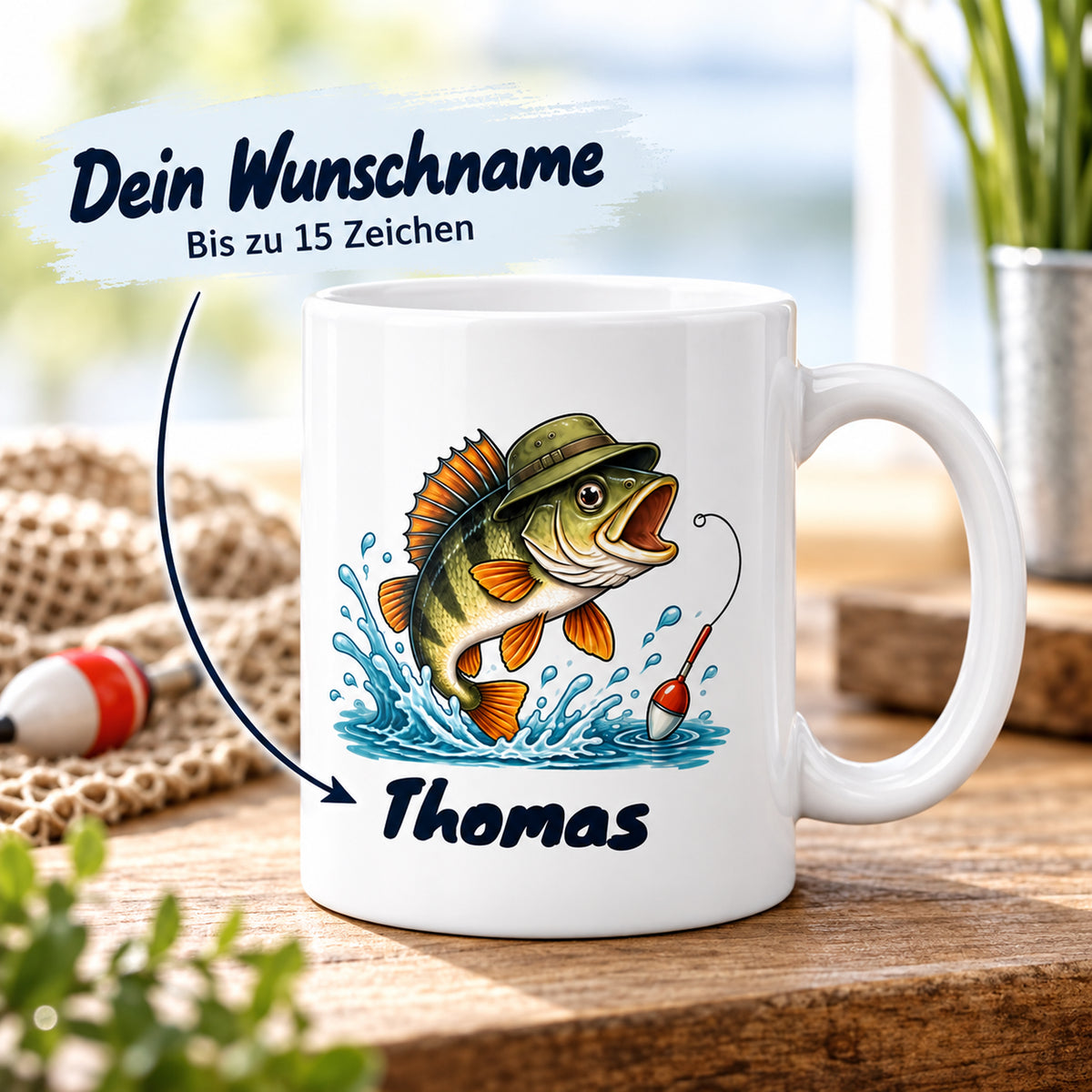 Angler-Tasse mit Namen – Bin angeln. Probleme bitte später. – Personalisierung mit Wunschname bis zu 15 Zeichen