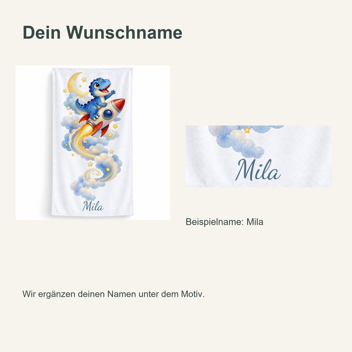 Personalisiertes Dinosaurier-Handtuch T-Rex Raketenflug – personalisierung