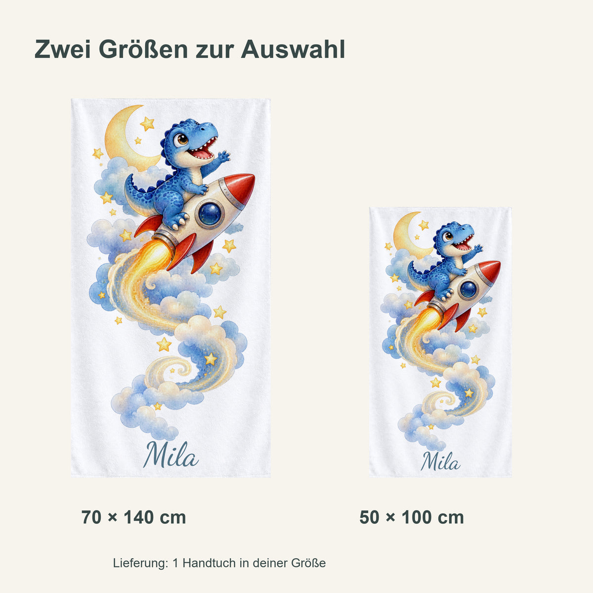 Personalisiertes Dinosaurier-Handtuch T-Rex Raketenflug – groessenvergleich